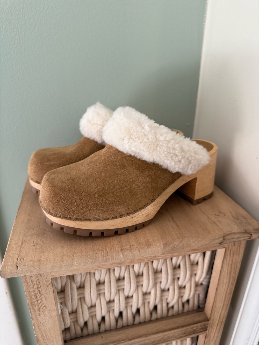 Suede Shearling Clog Mules in Chestnut Brown